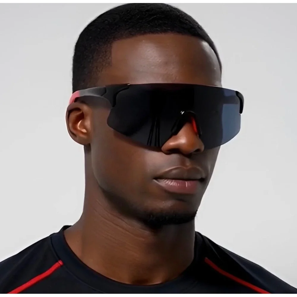 Mens Shield Sport Sunglasses Black Red Rimless Wraparound Activity UV400 Lentes‎